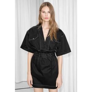 & Other Stories Women's Black Belted Denim Short Sleeve Shirt Dress Size 8